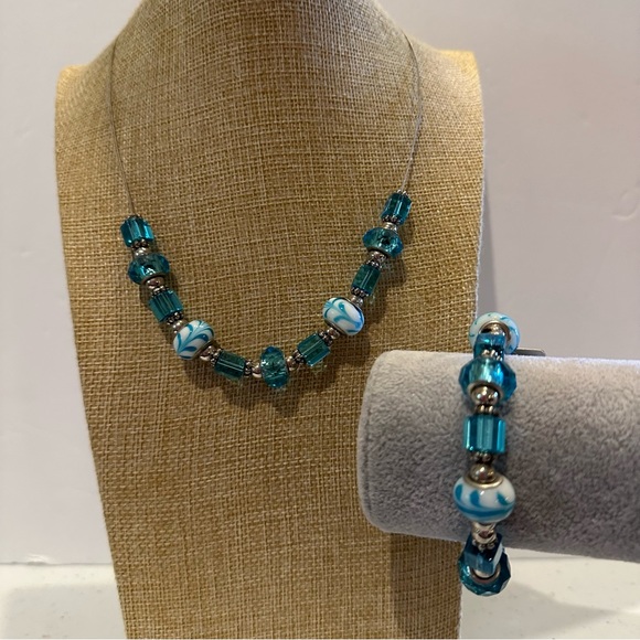 NWT Facets 5th Avenue Art Glass Necklace & Bracelet Set - Silver tone w/ Blue - Picture 3 of 16